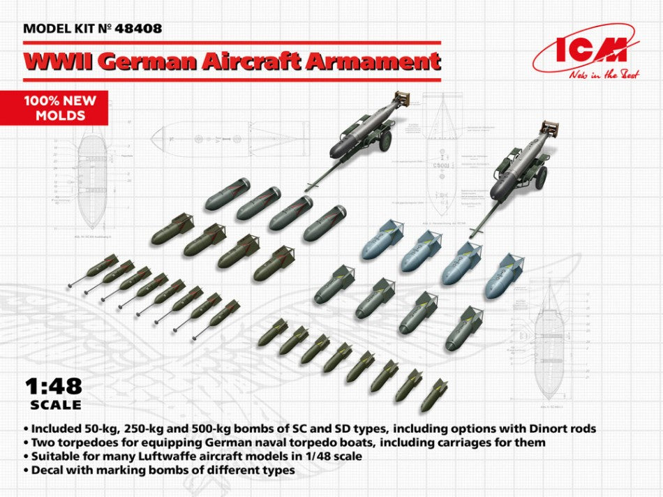 KIT DA MONTARE COMPATIBILE CON WWII GERMAN AIRCRAFT ARMAMENT KIT 1:48 ICM ICM48408