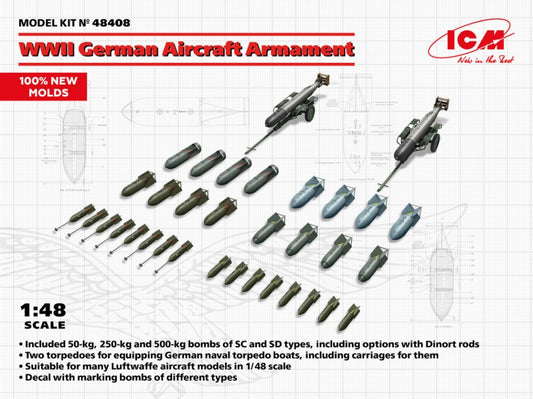 KIT DA MONTARE COMPATIBILE CON WWII GERMAN AIRCRAFT ARMAMENT KIT 1:48 ICM ICM48408