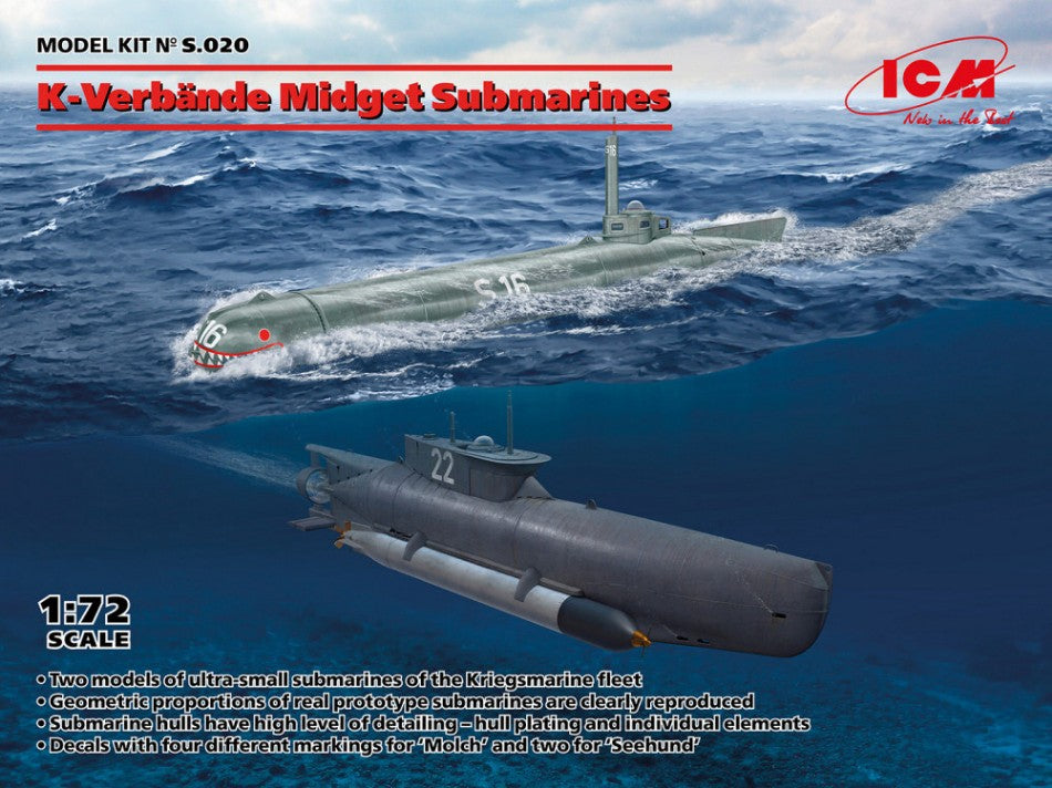 KIT DA MONTARE COMPATIBILE CON K-VERBANDE MIDGET SUBMARINES SEEHUND AND MOLCH KIT 1:72 ICM ICMS020