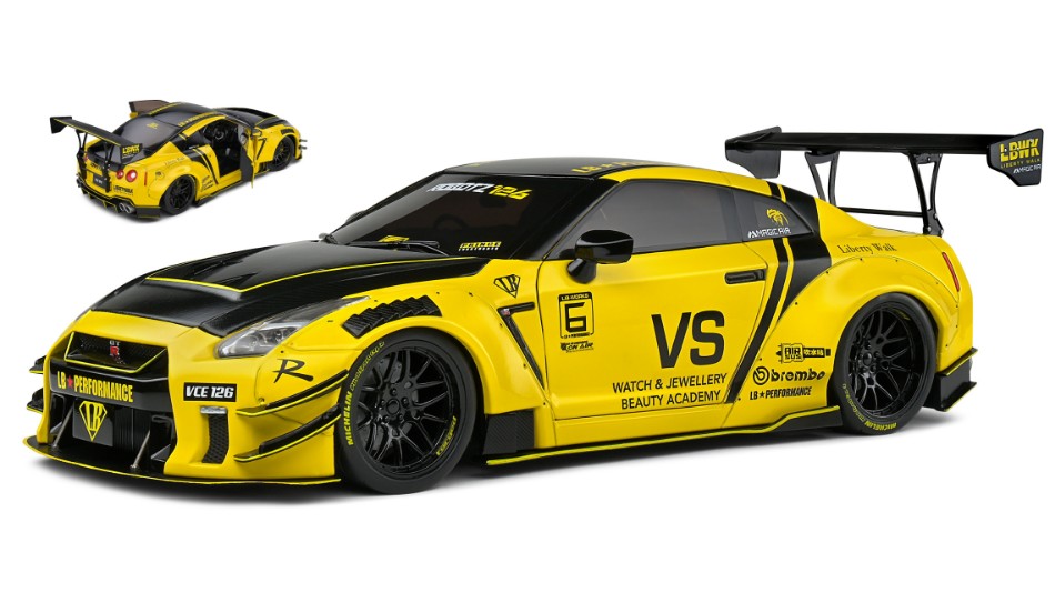 KIT DA MONTARE SCALA COMPATIBILE CON NISSAN GT-R (R35) LIBERTY WALK BODY KIT 2.0 COUPE 2022 YELLOW/BLACK 1:18 SOLIDO SL1805809