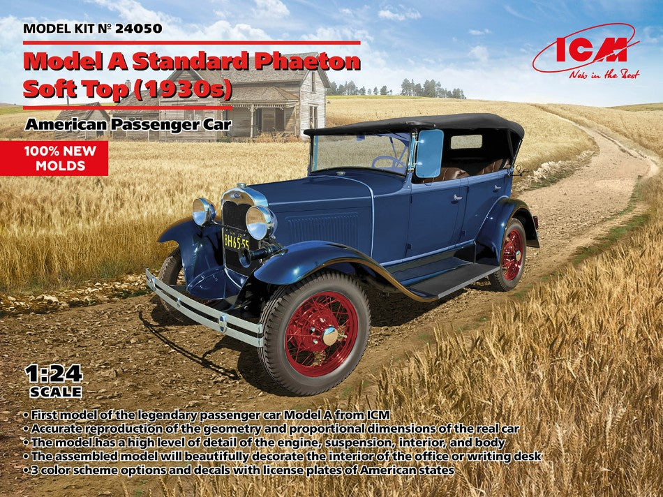 KIT DA MONTARE SCALA COMPATIBILE CON MODEL A STANDARD PHAETON SOFT TOP 1930s AMERICAN PASSENGER CAR KIT 1:24 ICM ICM24050