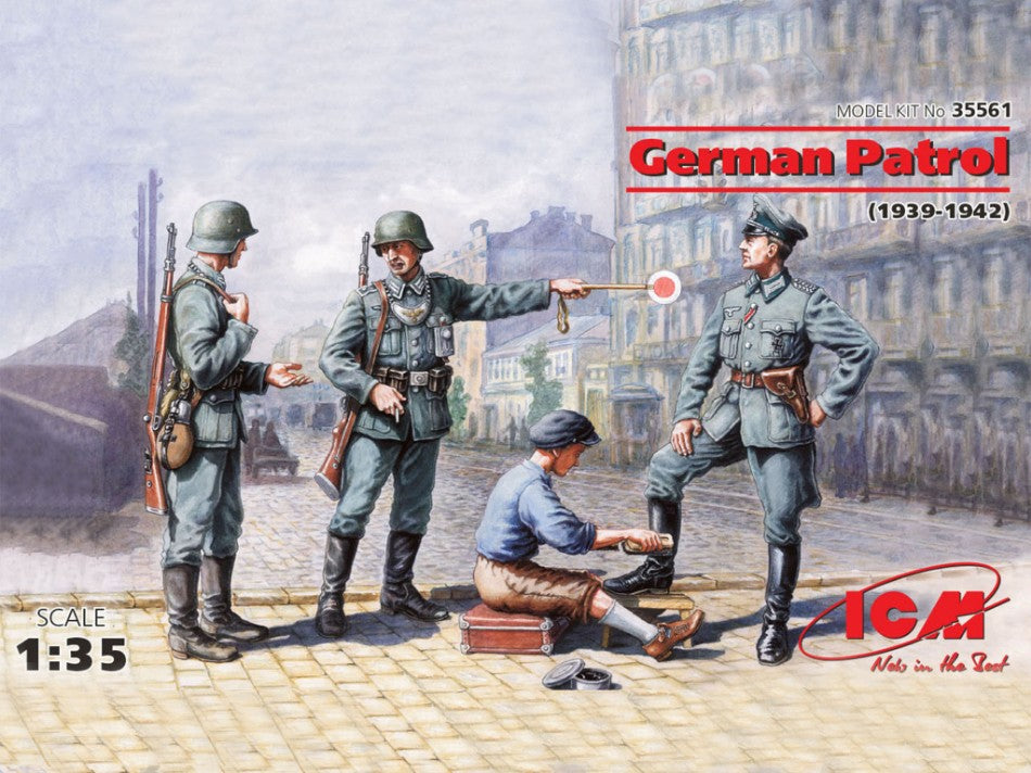 KIT DA MONTARE SCALA COMPATIBILE CON GERMAN PATROL 1939-1942 1 OFFICER + 2 SOLDIERS + 1 CIVILIAN KIT 1:35 ICM ICM35561