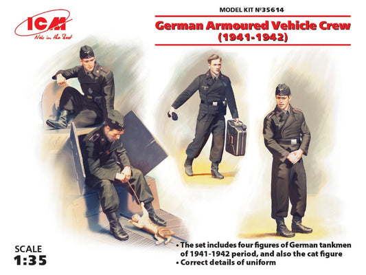 KIT DA MONTARE SCALA COMPATIBILE CON GERMAN ARMOURED VEHICLE CREW 1941-1942 4 FIGURES AND CAT KIT 1:35 ICM ICM35614