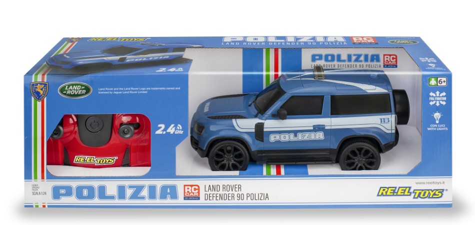 MODELLINO SCALA COMPATIBILE CON LAND ROVER DEFENDER POLIZIA RADIOCOMANDO 1:24 RE.EL.TOYS RE2341