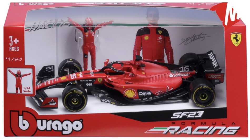 MODELLINO IN SCALA Burago COMPATIBILE CON FERRARI SF-23 N.16 CHARLES LECLERC F1 2023 WITH DRIVER 1:24 MODEL SCALE BU26809L 241217