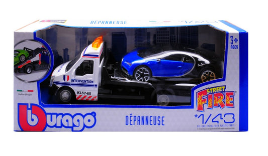 MODELLINO SCALA COMPATIBILE CON BUGATTI CHIRON + FLATBED TRANSPORTER 1:43 BURAGO BU31400-02