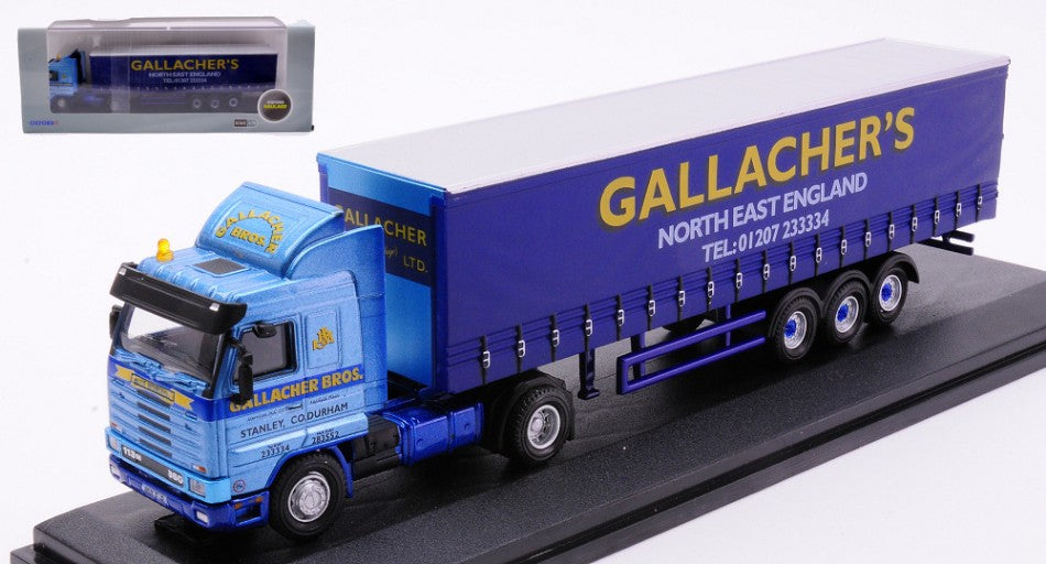 MODELLINO SCALA COMPATIBILE CON BILICO SCANIA 113 40ft CURTAINSIDE GALLACHER'S 1:76 OXFORD OXF76S143003