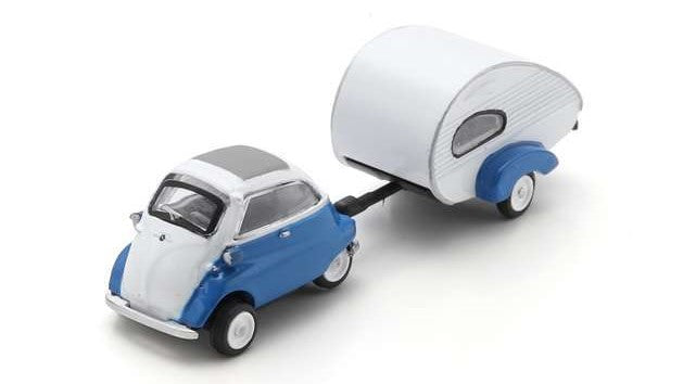 MODELLINO IN SCALA Schuco COMPATIBILE CON BMW ISETTA CON CARAVAN BLUE DIE CAST 1:87 MODEL SCALE SH452681300 241217