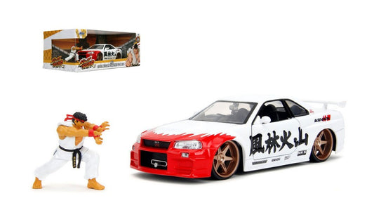 MODELLINO IN SCALA Jada Toys COMPATIBILE CON RYU NISSAN SKYLINE GTR R34 "STREET FIGHTER" WHITE/RED/BLACK 1:24 MODEL SCALE JADA253255071 241217