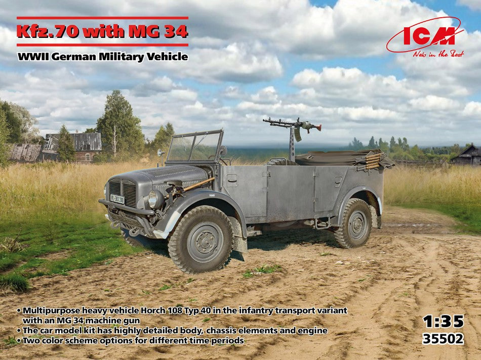 MODELLINO IN SCALA ICM COMPATIBILE CON KFZ.70 WITH MG 34 WWII GERMAN MILITARY VEHICLE KIT 1:35 MODEL SCALE ICM35502 241217