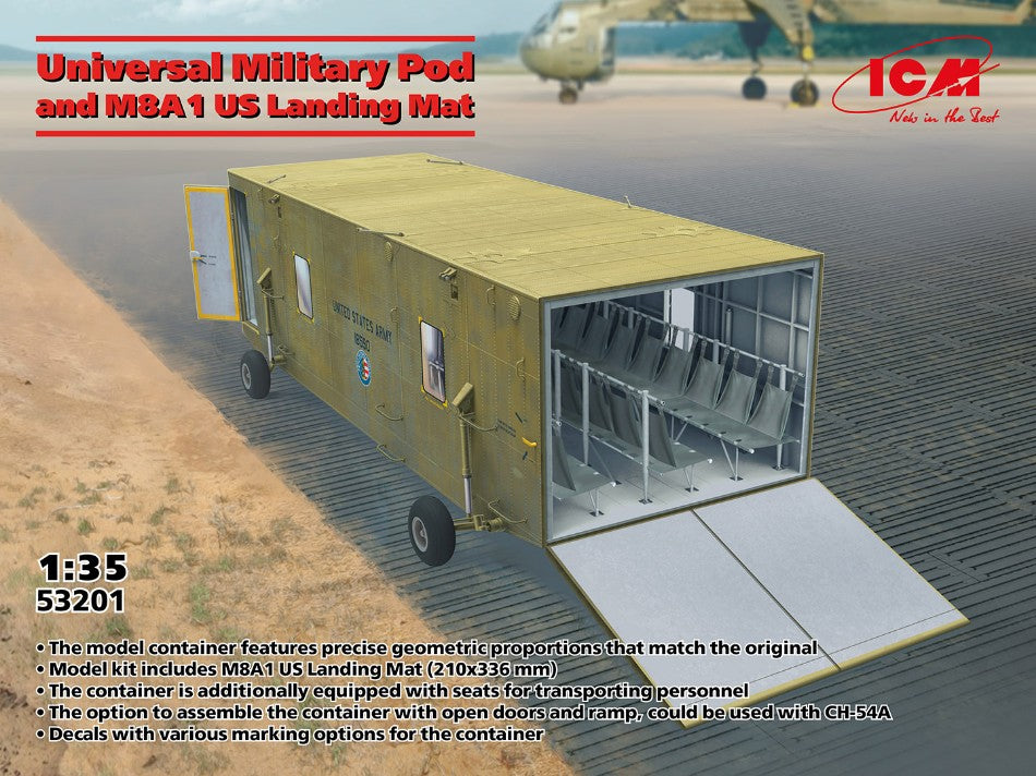 MODELLINO IN SCALA ICM COMPATIBILE CON UNIVERSAL MILITARY POD AND M8A1 US LANDING MAT KIT 1:35 MODEL SCALE ICM53201 241217