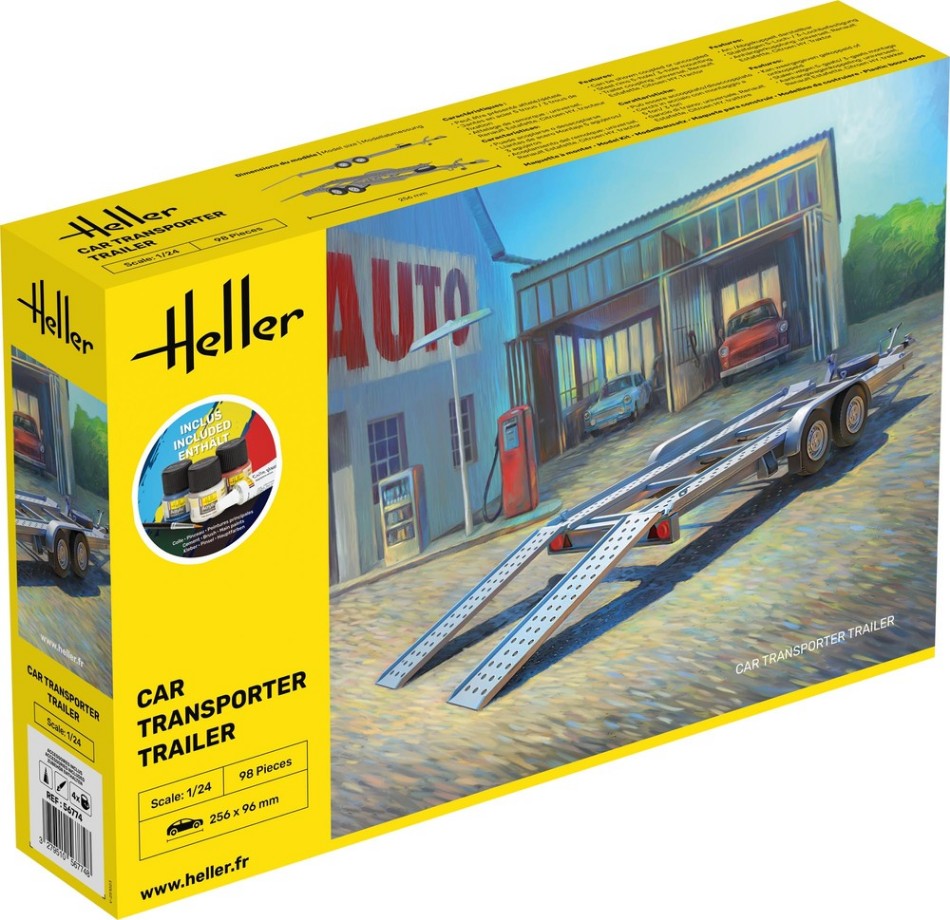 MODELLINO IN SCALA Heller COMPATIBILE CON TRAILER CAR TRANSPORTER KIT 1:24 MODEL SCALE HL56774 241217