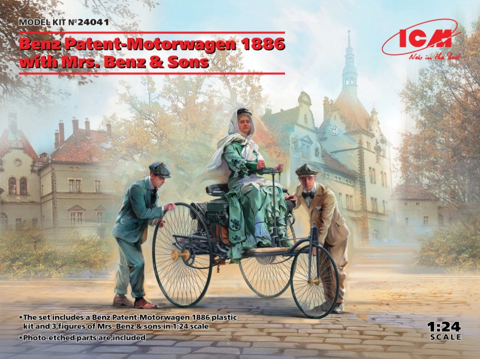 MODELLINO IN SCALA ICM COMPATIBILE CON BENZ PATENT MOTORWAGEN 1886 W/Mrs.Benz & Sons KIT 1:24 MODEL SCALE ICM24041 241217