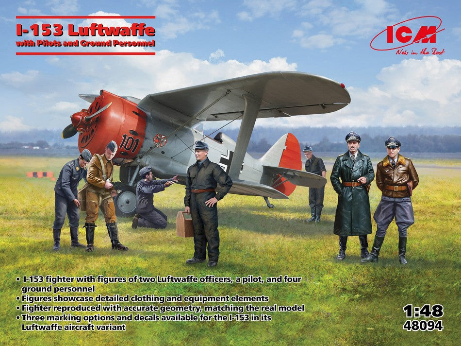 MODELLINO IN SCALA ICM COMPATIBILE CON SOVIET I-153 WITH LUTWAFFE PILOTS AND GROUND PERSONNEL KIT 1:48 MODEL SCALE ICM48094 241217