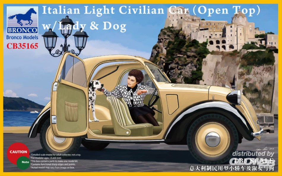 MODELLINO IN SCALA Bronco Model COMPATIBILE CON ITALIAN LIGHT CIVILIAN CAR (TOPOLINO OPEN TOP) WITH LADY & DOG KIT 1:35 MODEL SCALE CB35165 241217