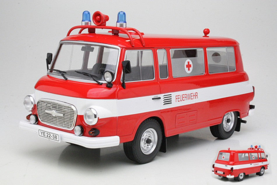 MODELLINO IN SCALA ModelCarGroup COMPATIBILE CON BARKAS B 1000 MINI BUS FIRE BRIGADE AMBULANCE 1:18 MODEL SCALE MCG18010 241217