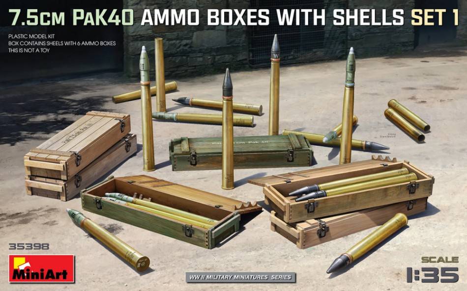 KIT DA MONTARE IN SCALA COMPATIBILE CON 7,5 cm PAK40 AMMO BOXES W/SHELLS SET 1 KIT 1:35 MINIART MIN35398