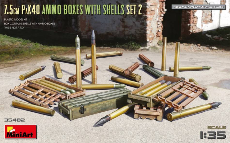 KIT DA MONTARE IN SCALA COMPATIBILE CON 7,5 cm PAK40 Ammo Boxes W/SHELLS SET 2 KIT 1:35 MINIART MIN35402