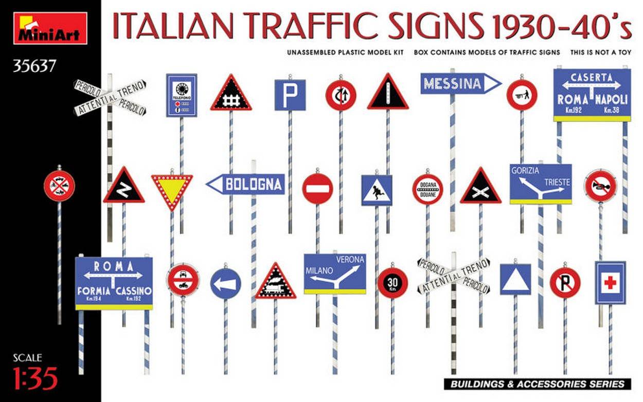 KIT DA MONTARE IN SCALA COMPATIBILE CON ITALIAN TRAFFIC SIGNS 1930-40s KIT 1:35 MINIART MIN35637