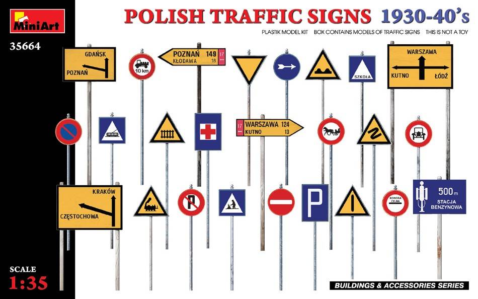 KIT DA MONTARE IN SCALA COMPATIBILE CON POLISH TRAFFIC SIGNS 1930-40s KIT 1:35 MINIART MIN35664