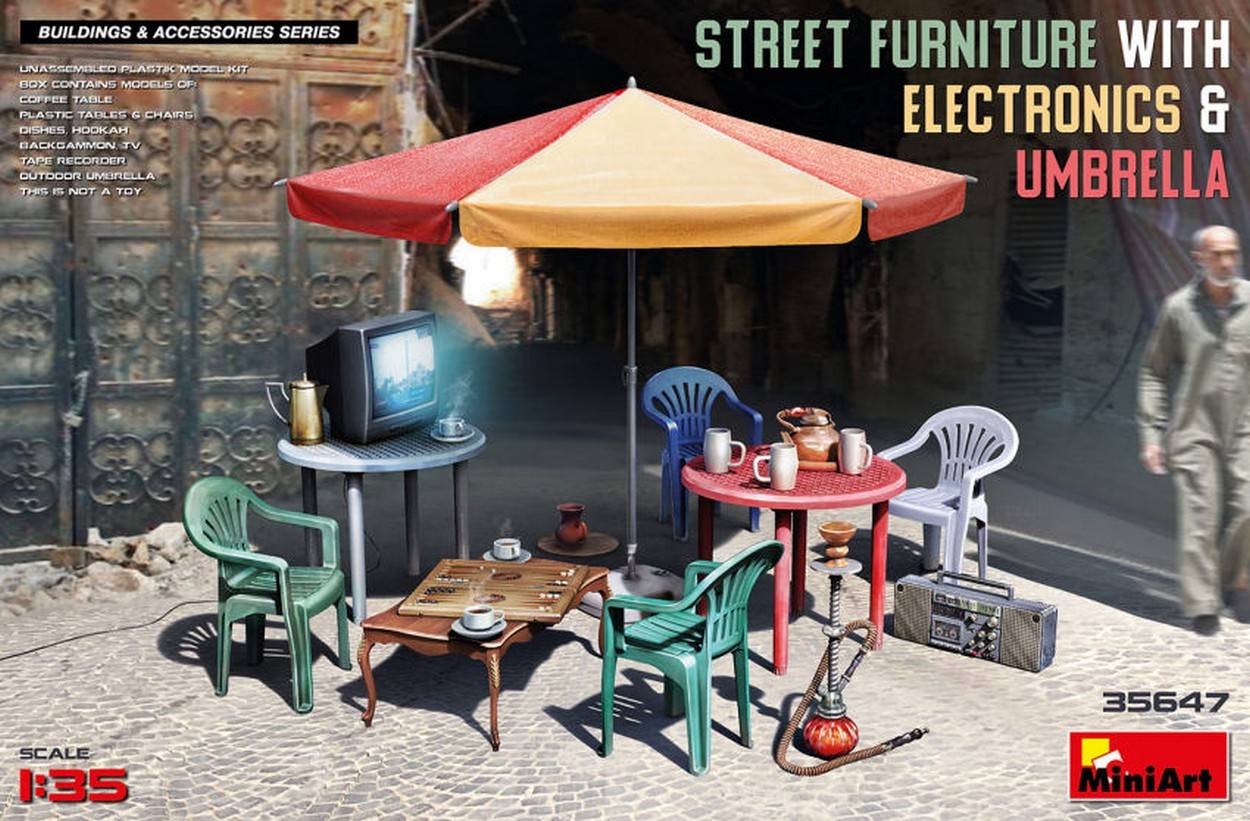 SCALE ASSEMBLY KIT COMPATIBLE WITH STREET FURNITURE WITH ELECTRONICS &amp; UMBRELLA KIT 1:35 MINIART MIN35647