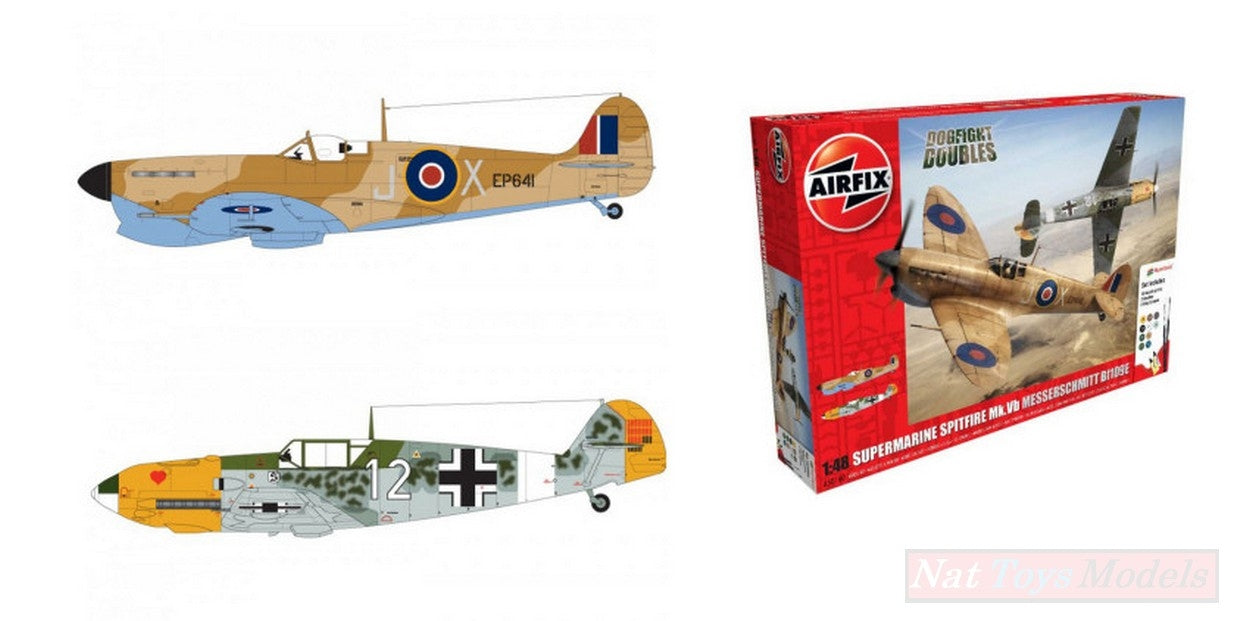 KIT DA MONTARE IN SCALA COMPATIBILE CON SUPERMARINE SPITFIRE MKVB + MESSERSCHMITT BF109E SET Pz.2 KIT 1:48 AIRFIX A50160