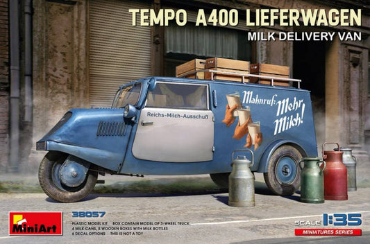 KIT TO BE ASSEMBLED IN SCALE COMPATIBLE WITH TEMPO A400 LIEFERWAGEN MILK DELIVERY VAN KIT 1:35 MINIART MIN38057