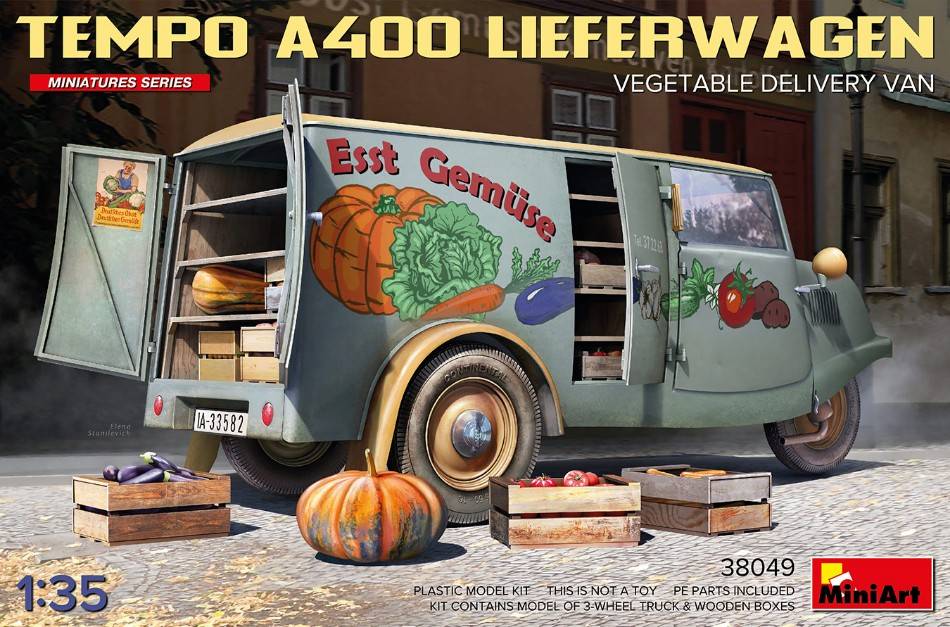 KIT À ASSEMBLER À L'ÉCHELLE COMPATIBLE AVEC TEMPO A400 LIEFERWAGEN KIT DE LIVRAISON DE LÉGUMES 1:35 MINIART MIN38049