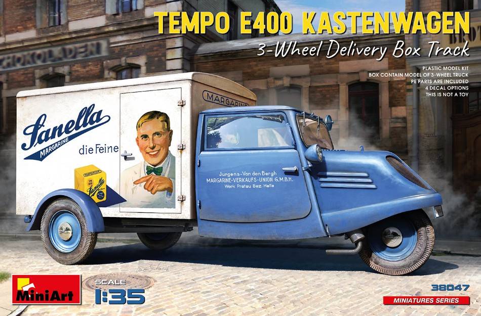 SCALE ASSEMBLY KIT COMPATIBLE WITH TEMPO E400 KASTENWAGEN 3-WHEEL DELIVERY BOX TRACK KIT 1:35 MINIART MIN38047