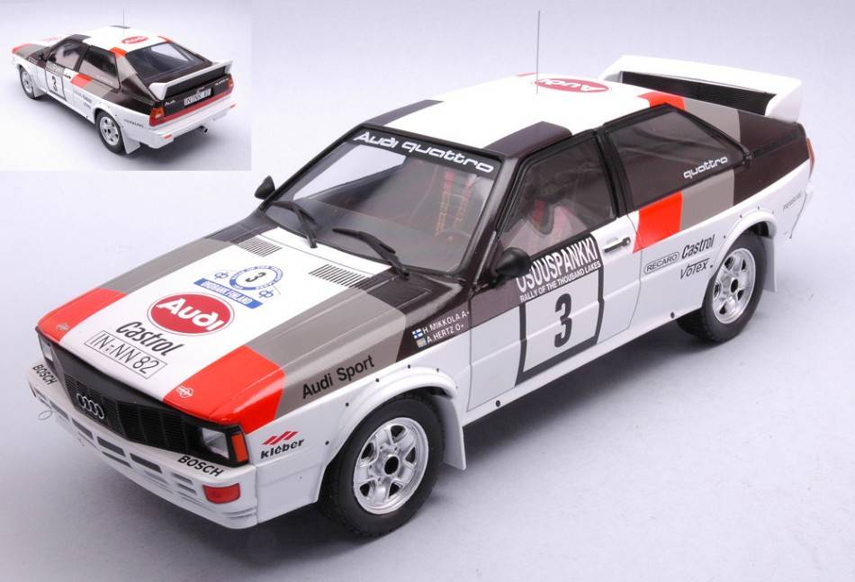 SCALE MODEL COMPATIBLE WITH AUDI QUATTRO N.3 1000 LAKES RALLY 1982
 MIKKOLA/HERTZ 1:18
 IXO MODEL 18RMC094A.20