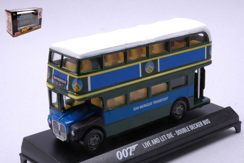 MODELLINO IN SCALA COMPATIBILE CON AUTOBUS DOUBLE DECKER "JAMES BOND-LIVE AND LET DIE" BLUE/GREEN cm12 1:64 MOTORMAX MTM79846