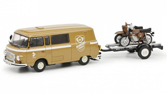 MODELLINO IN SCALA COMPATIBILE CON BARKAS B1000 VAN WERKSTATT SERVICE WITH TRAILER+ 2 MOTORCYCLES 1965 1:43 SCHUCO SH3642