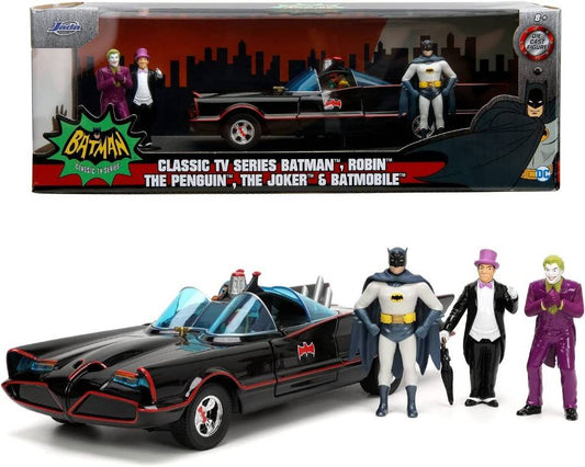 MODELLINO IN SCALA COMPATIBILE CON BATMOBILE 1966 WITH FIGURE BATMAN, ROBIN, THE PENGUIN, THE JOKER 1:24 JADA TOYS JADA253215011