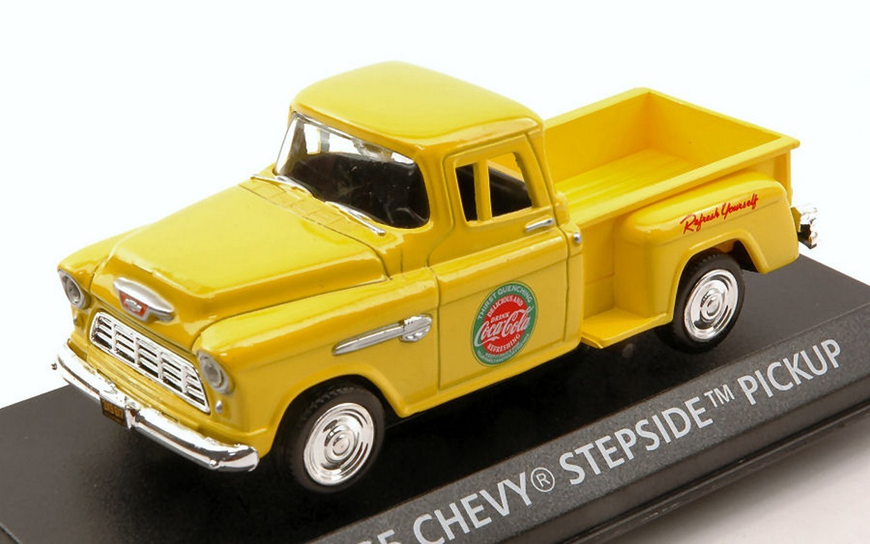 MODELLINO IN SCALA COMPATIBILE CON CHEVY STEPSIDE PICK UP 1955 YELLOW COCA COLA 1:43 MOTORCITY CLASSICS MCC430001