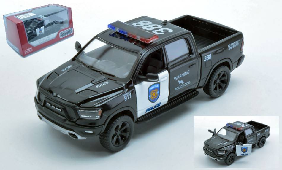 MODELLINO IN SCALA COMPATIBILE CON DODGE RAM 1500 2019 POLICE cm 11 1:32 BOX KINSMART KT5413WP