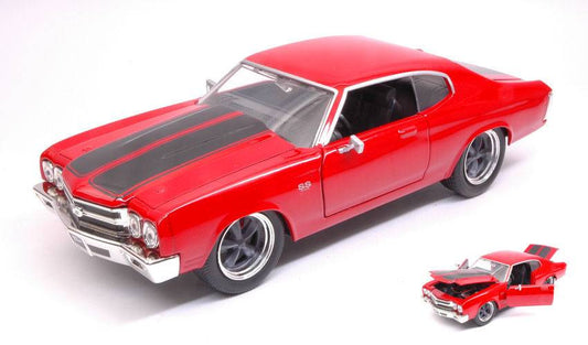 MODELLINO IN SCALA COMPATIBILE CON DOM'S CHEVROLET CHEVELLE 1970 FAST & FURIOUS RED W/BLACK STRIPES 1:24 JADA TOYS JADA03009