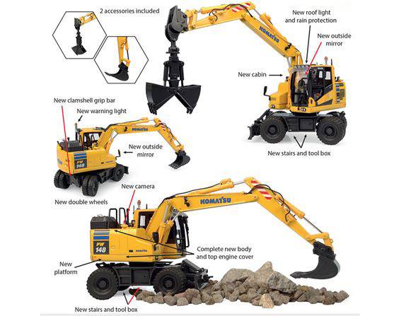 MODELLINO IN SCALA COMPATIBILE CON ESCAVATORE KOMATSU PW148-11 C/ACCESSORI 1:50 UNIVERSAL HOBBIES UH8162