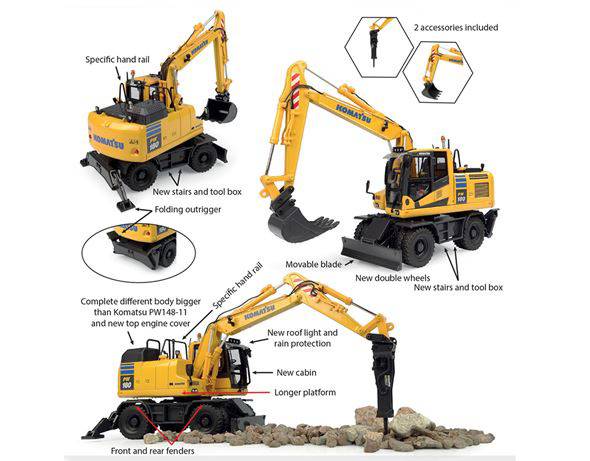 MODELLINO IN SCALA COMPATIBILE CON ESCAVATORE KOMATSU PW180-11 C/ACCESSORI 1:50 UNIVERSAL HOBBIES UH8163