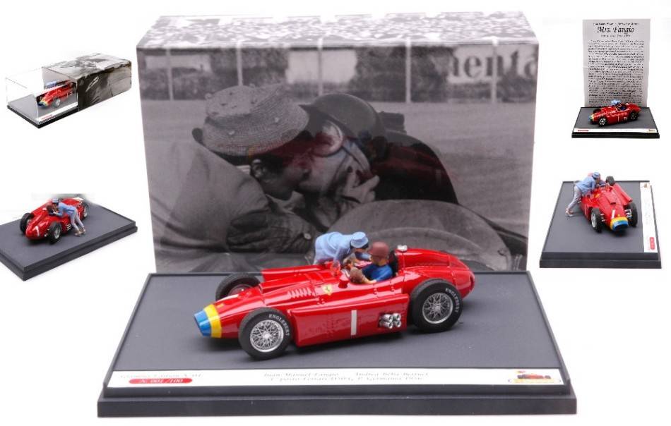 MODELLINO IN SCALA COMPATIBILE CON FERRARI D50 N.1 J.M.FANGIO 1956 WINNER GERMAN "BEBA'S KISS" LIM.100 1:43 BALOCCO BMGL04