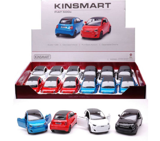 MODELLINO IN SCALA COMPATIBILE CON FIAT 500e COL.ASS. cm 12 1:28 KINSMART KT89697