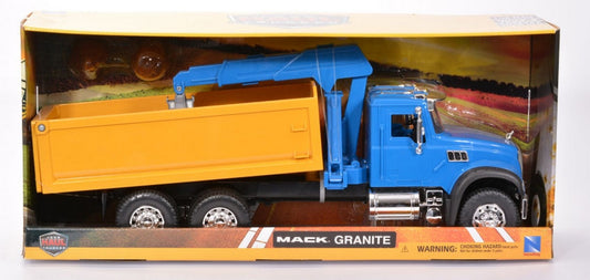 MODELLINO IN SCALA COMPATIBILE CON MACK GRANITE DUMP YELLOW TRUCK BLUE W/CRANE PLASTICA 1:18 NEW RAY NY17106