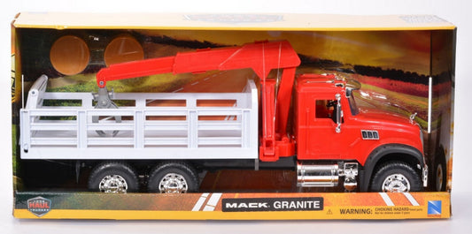 MODELLINO IN SCALA COMPATIBILE CON MACK GRANITE TRUCKFARM RED TRAILER WHITE PLASTICA 1:18 NEW RAY NY17116