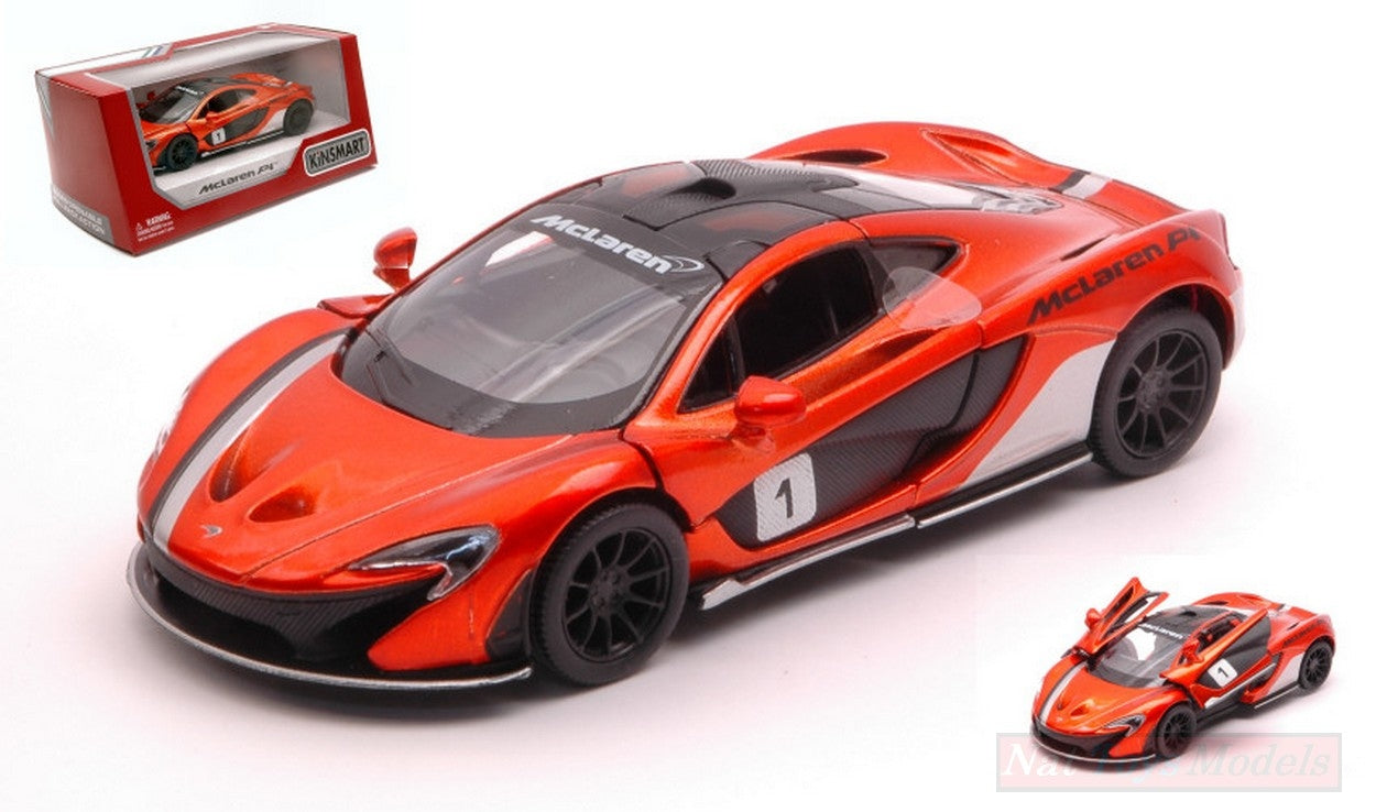 SCALE MODEL COMPATIBLE WITH MC LAren P1 WITH STRIPES ORANGE METALLIC 12 cm BOX KINSMART KT5393WFO