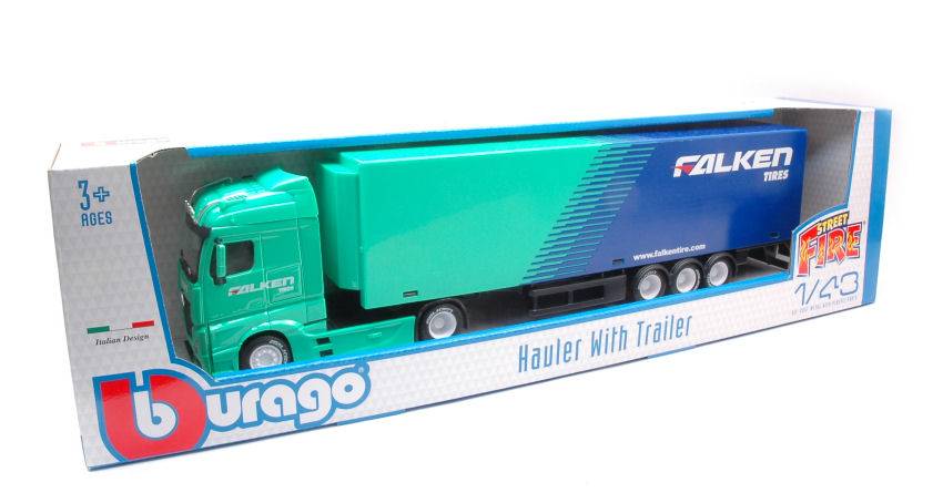 SCALE MODEL COMPATIBLE WITH MERCEDES ACTROS GIGASPACE HAULER WITH TRAILER "FALKEN TIRES" 1:43 BURAGO BU31460T