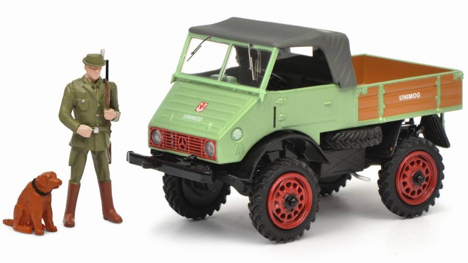 MODÈLE RÉDUIT COMPATIBLE AVEC MERCEDES UNIMOG WEIDMANNSHEIL AVEC HAUNTER ET CHIEN 1:43 SCHUCO SH450254800