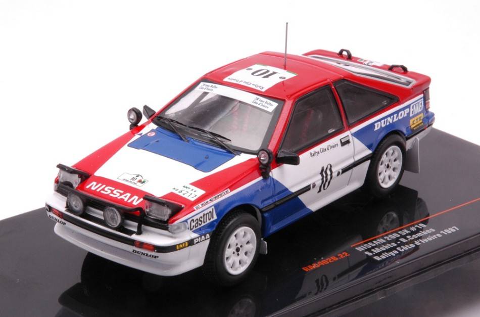 MODÈLE RÉDUIT COMPATIBLE AVEC NISSAN 200 SX N.10 RALLYE DE COTE D'IVOIRE 1987
 MEHETA/COMBES 1:43 IXO MODÈLE RAC402B