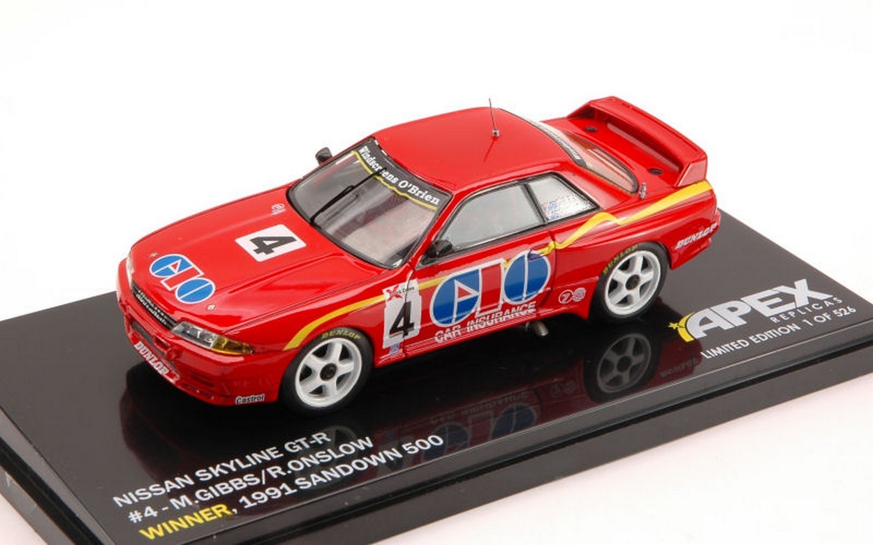 MODELLINO IN SCALA COMPATIBILE CON NISSAN SKYLINE GT-R N.4 WINNER SANDOWN 500 1991 1:43 APEX REPLICAS AR108