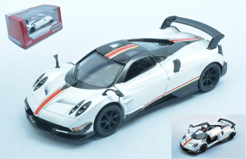 MODELLINO IN SCALA COMPATIBILE CON PAGANI HUAYRA BC WITH PRINTING & WING WHITE cm 12 BOX KINSMART KT5400WFW