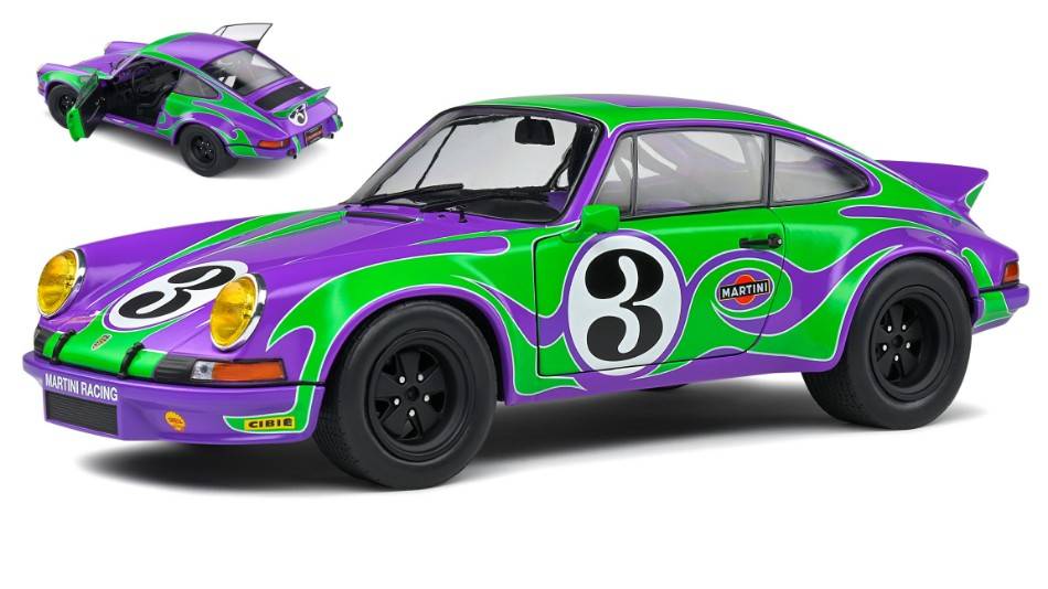 MODELLINO IN SCALA COMPATIBILE CON PORSCHE 911 RSR N.3 HIPPY TRIBUTE 1973 PURPLE/GREEN 1:18 SOLIDO SL1801117