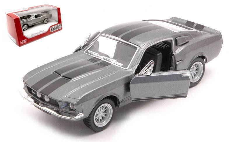 SCALE MODEL COMPATIBLE WITH SHELBY GT-500 1967 SILVER W/BLACK STRIPES BOX 12 cm KINSMART KT5372WGY